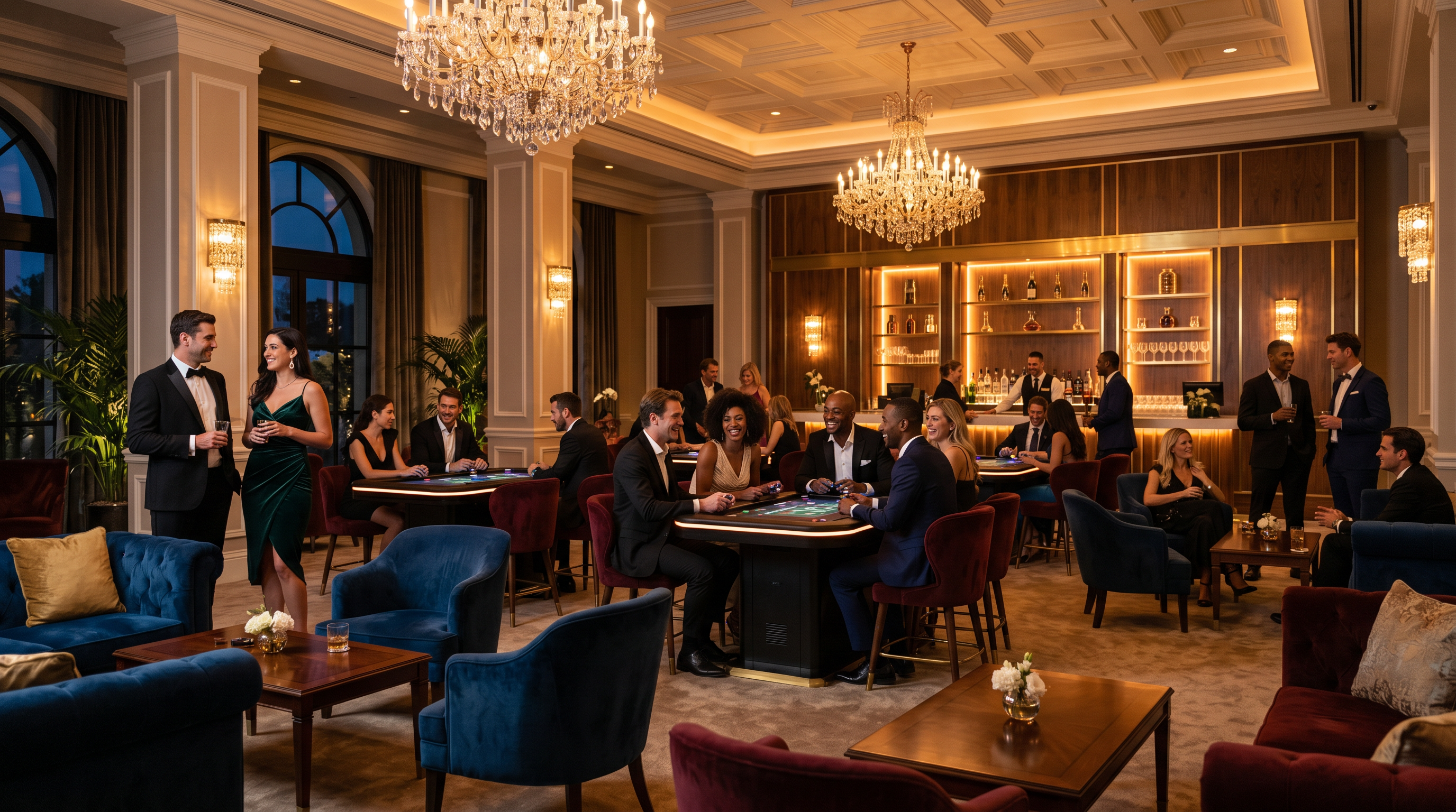 Sophisticated evening entertainment lounge with crystal chandeliers and velvet furnishings