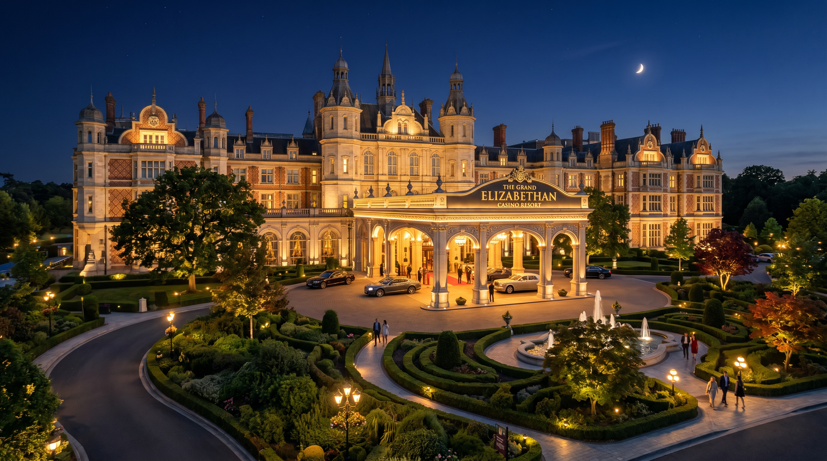 Grand exterior of Central UK Resort Hotel illuminated at night