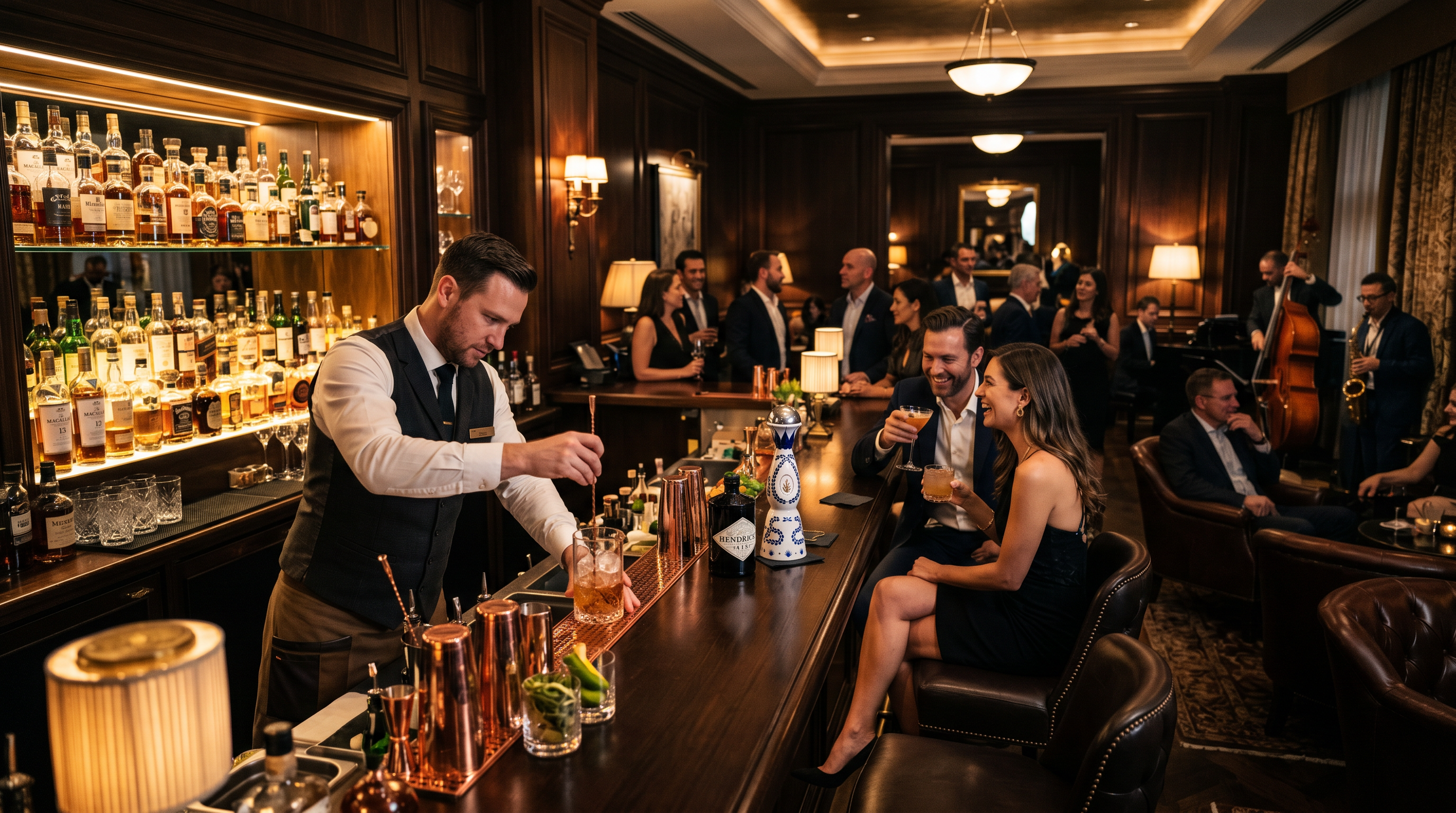 Luxurious hotel bar with premium spirits and expert mixologists