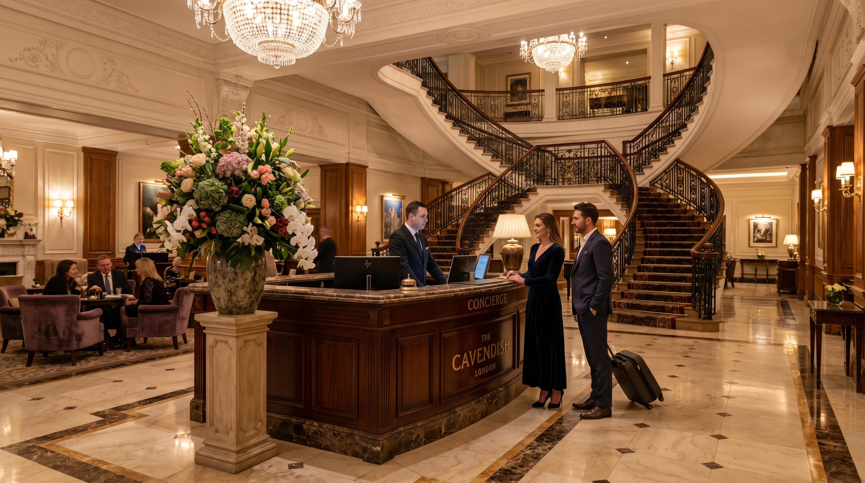 Grand lobby of Central UK Resort Hotel with marble floors and elegant furnishings